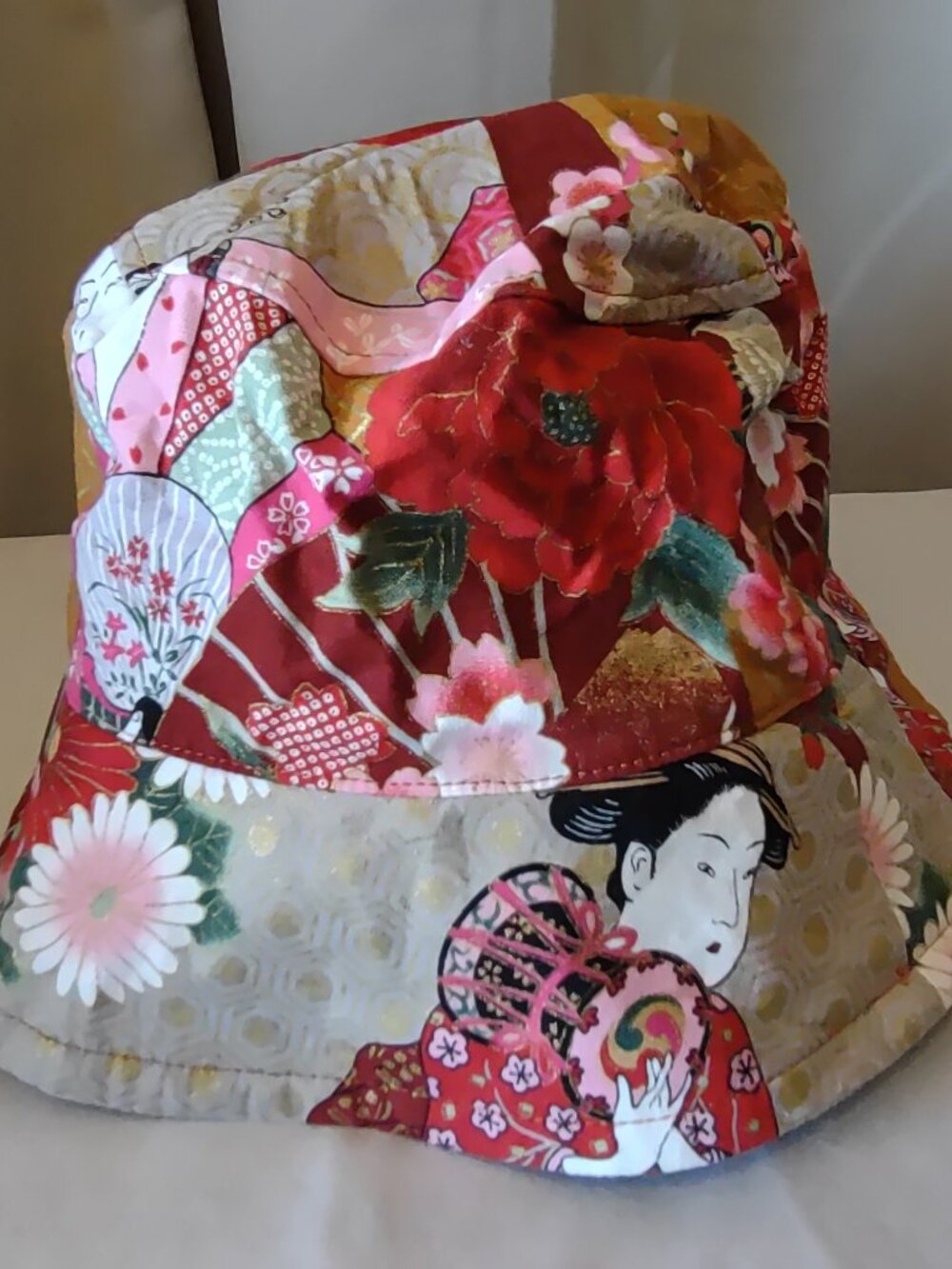 Bucket Hat with Geisha Floral Gold Red Print Japan Cotton Blend